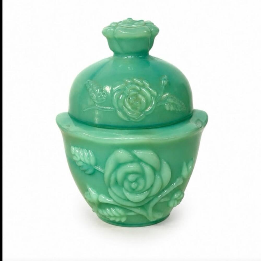 Vintage Avon Green Milk Glass Rose Powder Jar Vanity Trinket Cottagecore Decor
